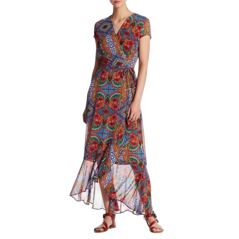 Just Taylor Womens Bohemian Floral Tile Print High Low Faux Wrap Maxi Dress 4